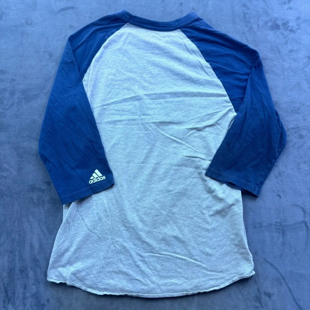 Adidas Mens Small Gray Blue American Flag Logo 3/4 Sleeve Raglan Baseball Tee